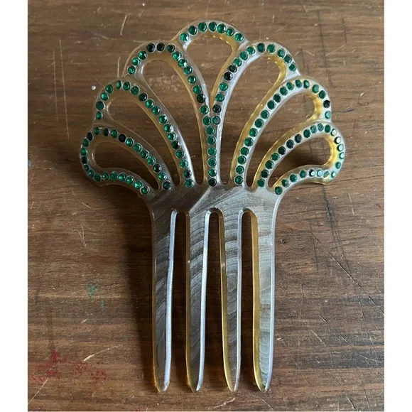 💚Vintage Celluloid Sevilla Spanish Flamenco Hair Comb with Green Crystal Gems💚 - Picture 2 of 5